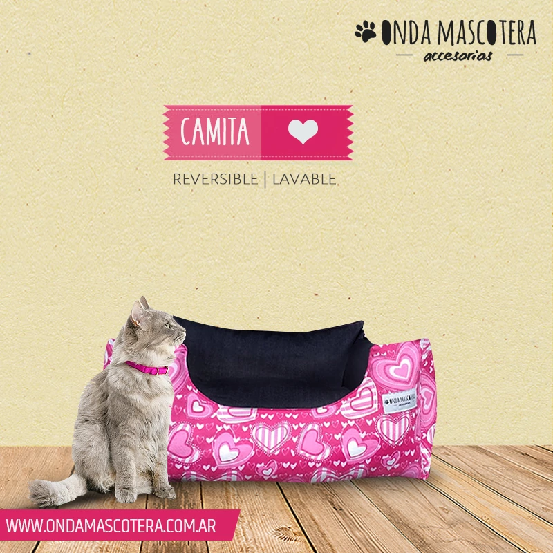 camita corazones rosa reversible para gatos