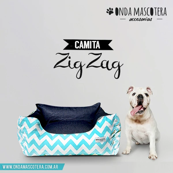 camita zig zag para bulldog celeste lavable