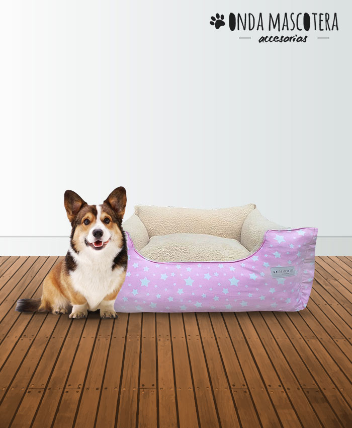 Camita para perros y gatos con corderito invierno estrellitas rosa